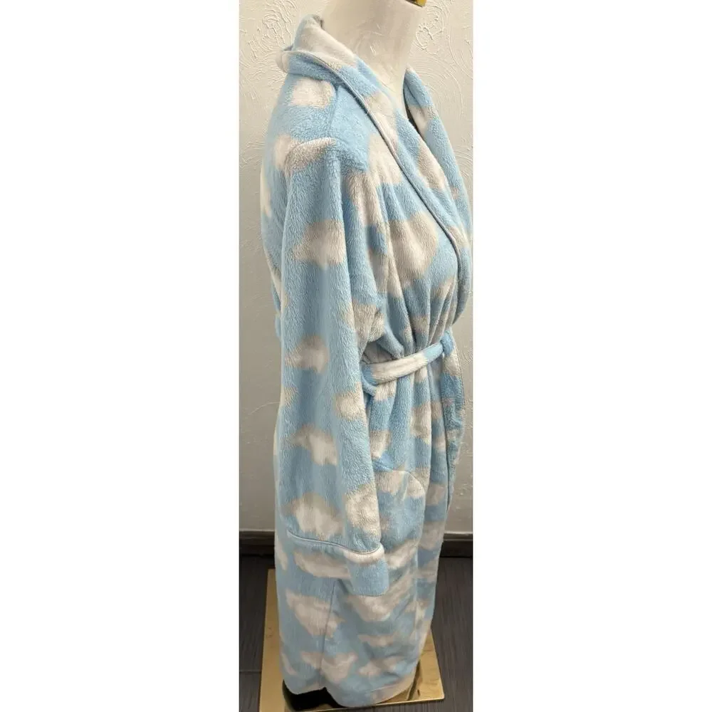Nick & Nora Cloud Print Plush Robe Size XS Blue/White/Gray Lined
